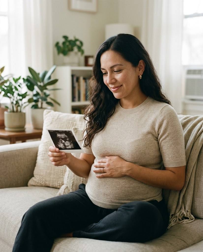 A pregnant woman at home looking at an ultrasound printout